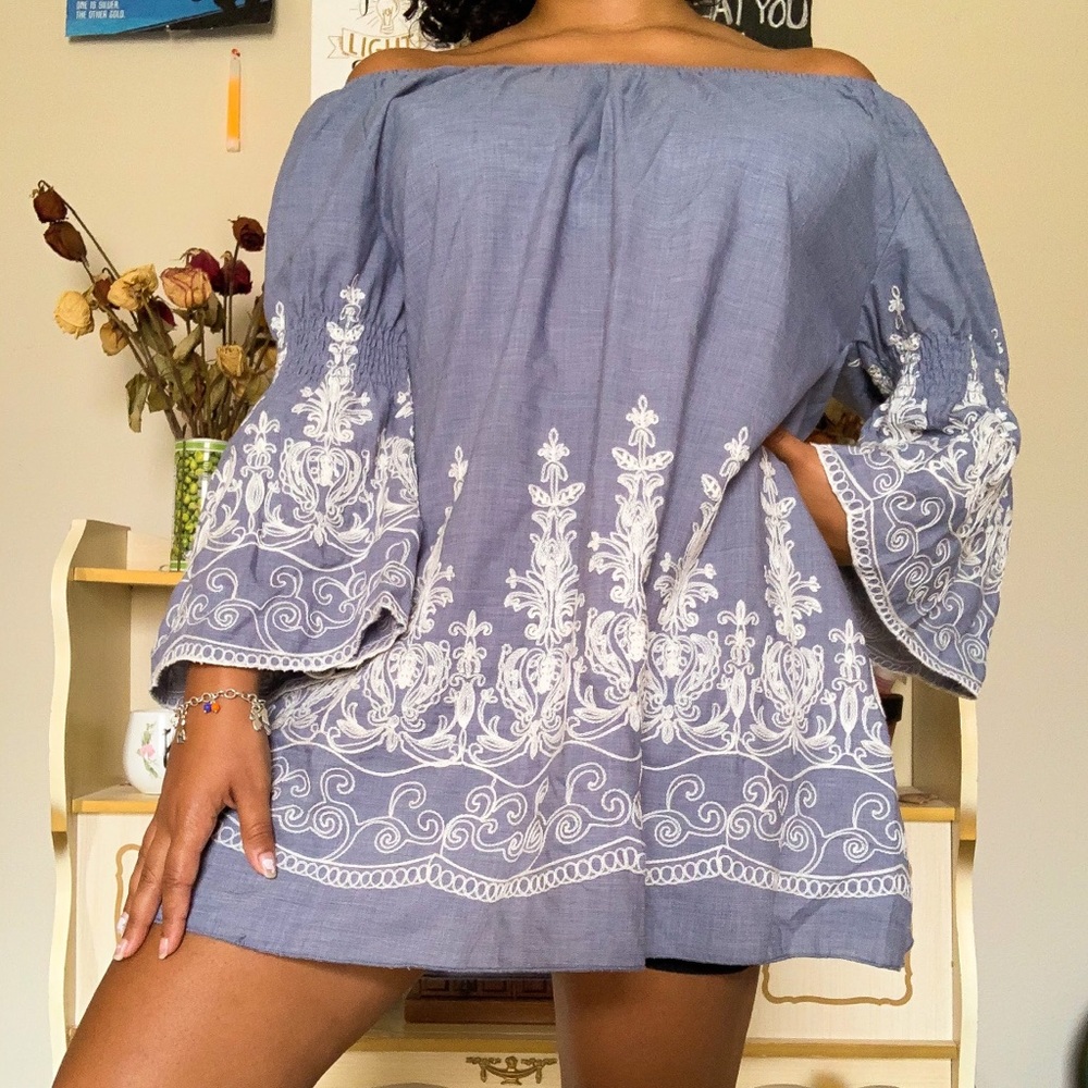 Denim blue off the shoulder dress